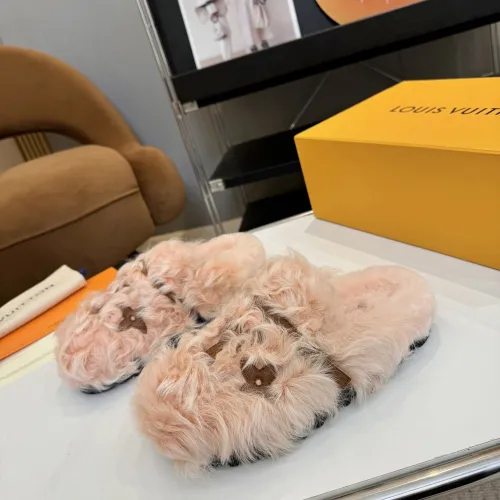 Louis Vuitton Cozy Fluffy Slippers with Leather Straps and Brand Embellishments #B54546