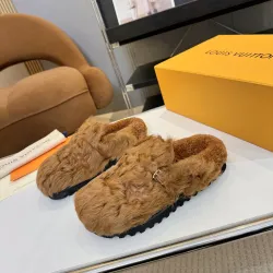 Louis Vuitton Cozy Fluffy Slippers with Leather Straps and Brand Embellishments #B54547