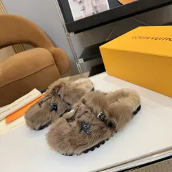 Louis Vuitton Cozy Fluffy Slippers with Leather Straps and Brand Embellishments #B54548