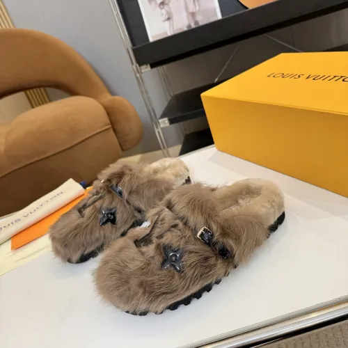 Louis Vuitton Cozy Fluffy Slippers with Leather Straps and Brand Embellishments #B54548