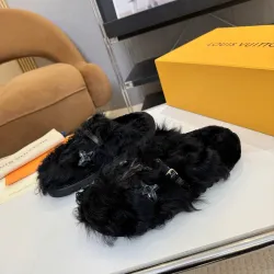 Louis Vuitton Cozy Fluffy Slippers with Leather Straps and Brand Embellishments #B54549
