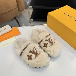 Louis Vuitton Cozy Fluffy Slippers with Leather Straps and Brand Embellishments #B54550