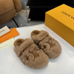 Louis Vuitton Cozy Fluffy Slippers with Leather Straps and Brand Embellishments #B54551