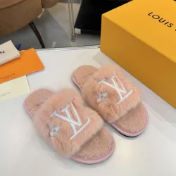 Louis Vuitton Cozy Fluffy Slippers with Leather Straps and Brand Embellishments #B54552