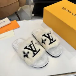 Louis Vuitton Cozy Fluffy Slippers with Leather Straps and Brand Embellishments #B54553