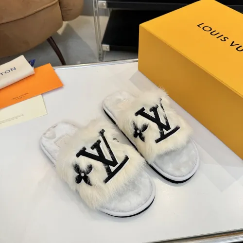 Louis Vuitton Cozy Fluffy Slippers with Leather Straps and Brand Embellishments #B54553