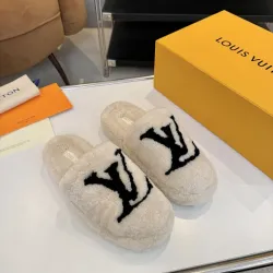 Louis Vuitton Cozy Fluffy Slippers with Leather Straps and Brand Embellishments #B54554