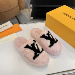 Louis Vuitton Cozy Fluffy Slippers with Leather Straps and Brand Embellishments #B54555