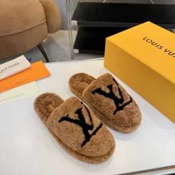 Louis Vuitton Cozy Fluffy Slippers with Leather Straps and Brand Embellishments #B54556