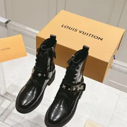 Louis Vuitton Shiny Black Ankle Boots with Lace-Up, Zipper and Decorative Straps #B54557