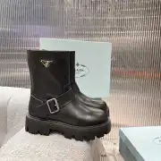 Prada Inspired Black Leather Biker Boots With Chunky Platform Sole #B54535