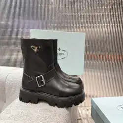 Prada Inspired Black Leather Biker Boots With Chunky Platform Sole #B54535