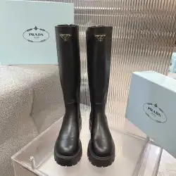 Prada Inspired Black Leather Knee-High Boots With Chunky Platform Sole #B54537