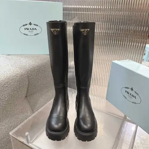 Prada Inspired Black Leather Knee-High Boots With Chunky Platform Sole #B54537