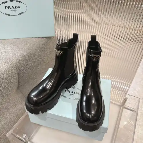 Prada Style Shiny Black Leather Chelsea Boots With Chunky Platform Sole #B54536