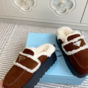 Prada Women's Shearling Lined Mule Slippers Triangle Logo Thick Sole Design for Cozy Luxury Winter Footwear #B57746 Prada Women's Shearling Lined Mule Slippers Triangle Logo Thick Sole Design for Cozy Luxury Winter Footwear #B57746