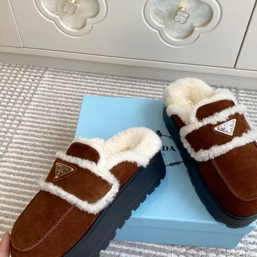 Prada Women's Shearling Lined Mule Slippers Triangle Logo Thick Sole Design for Cozy Luxury Winter Footwear #B57746