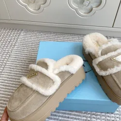Prada Women's Shearling Lined Mule Slippers Triangle Logo Thick Sole Design for Cozy Luxury Winter Footwear #B57747