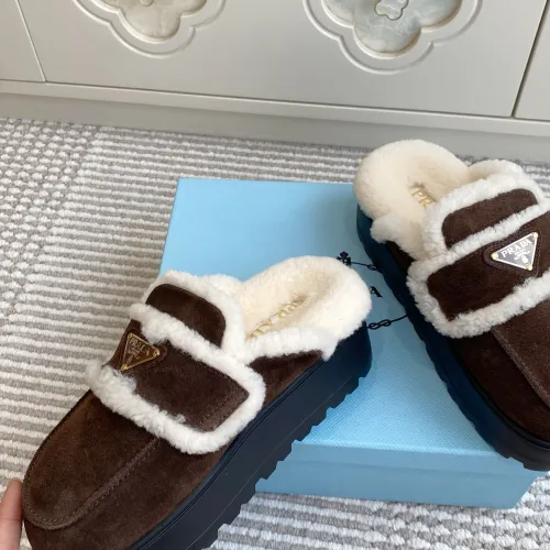 Prada Women's Shearling Lined Mule Slippers Triangle Logo Thick Sole Design for Cozy Luxury Winter Footwear #B57749