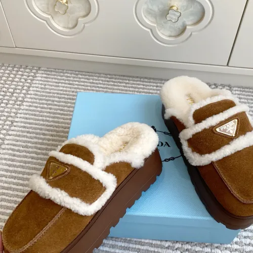 Prada Women's Shearling Lined Mule Slippers Triangle Logo Thick Sole Design for Cozy Luxury Winter Footwear #B57750