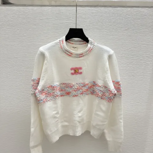 2025 Chanel White Knit Sweater with Colorful Tweed Stripe and CC Logo #B54506