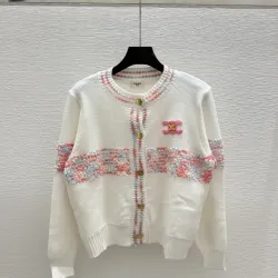 2025 Chanel White Knit Sweater with Colorful Tweed Stripe and CC Logo #B54507