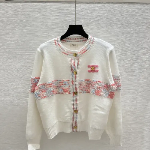 2025 Chanel White Knit Sweater with Colorful Tweed Stripe and CC Logo #B54507