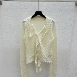 2025 Cream Knit Mesh Cardigan with V-Neck and Ruffle Detailing #B54508