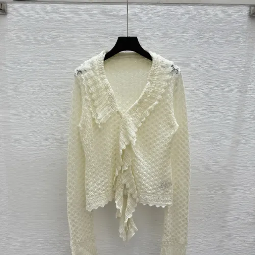 2025 Cream Knit Mesh Cardigan with V-Neck and Ruffle Detailing #B54508