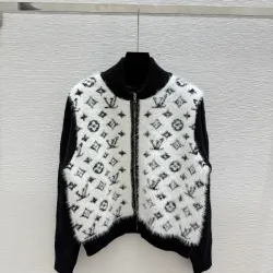 2025 LV Women's Wool Zip up Sweater Chic Mock Neck with Fluffy Monogram - Embroidered Front #B54815