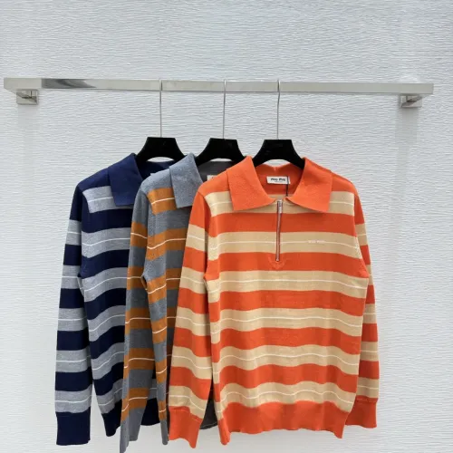 2025 Miu Miu Striped Knit Polo Sweater with Quarter-Zip Collar and Logo Detail #B54504