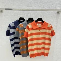 2025 Miu Miu Striped Short-Sleeve Polo Sweater with Button Placket and Logo #B54505