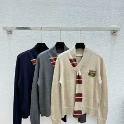 2025  Miu Miu Women's Striped Knit Polo Sweater with a Quarter-Zip or Button Placket and Miu Miu Logo #B54795