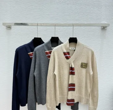 2025  Miu Miu Women's Striped Knit Polo Sweater with a Quarter-Zip or Button Placket and Miu Miu Logo #B54795