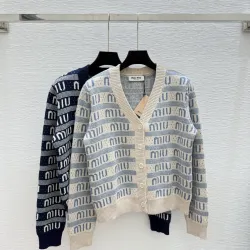 2025 Miu Miu Women's Wool Cardigan with Signature Logo Pattern  V neck and Chic Design #B54799