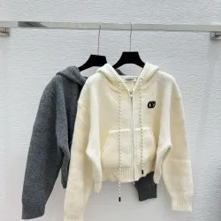2025 Valentino Designer Women's Wool Hooded Sweaters Chic Zip   up Styles in Timeless Grey and Cream Colors #B54802