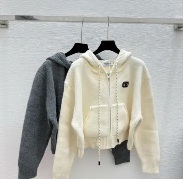 2025 Valentino Designer Women's Wool Hooded Sweaters Chic Zip   up Styles in Timeless Grey and Cream Colors #B54802