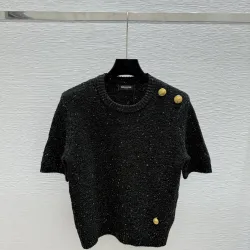 Balmain 2025 Women's Wool Sweater with Gold Buttons Sparkle Yarn  Crew Neck for Elegant Style #B54798