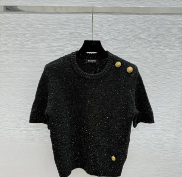 Balmain 2025 Women's Wool Sweater with Gold Buttons Sparkle Yarn  Crew Neck for Elegant Style #B54798