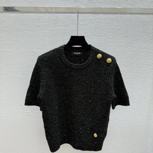 Balmain 2025 Women's Wool Sweater with Gold Buttons Sparkle Yarn  Crew Neck for Elegant Style #B54798