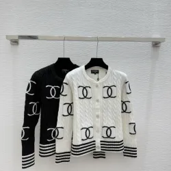 CHANEL Women's Luxury Cable Knit Cardigan  Featuring Bold Signature Double C Logo Intarsia and Contrast Striped Trims #B56312