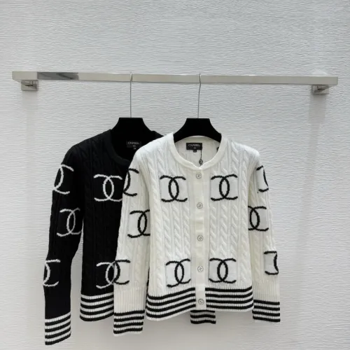 CHANEL Women's Luxury Cable Knit Cardigan  Featuring Bold Signature Double C Logo Intarsia and Contrast Striped Trims #B56312