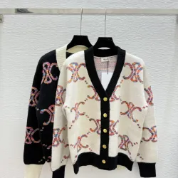 Celine Luxury Brand Women's Wool Cardigan V  neck Style with Colorful Logo Patterns and Gold  toned Buttons #B54801
