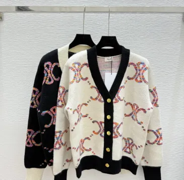 Celine Luxury Brand Women's Wool Cardigan V  neck Style with Colorful Logo Patterns and Gold  toned Buttons #B54801