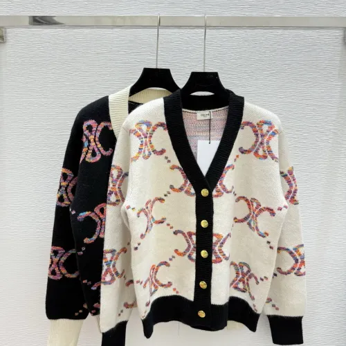 Celine Luxury Brand Women's Wool Cardigan V  neck Style with Colorful Logo Patterns and Gold  toned Buttons #B54801