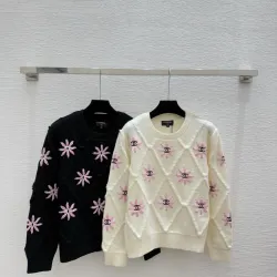 Chanel Women's Knitted Sweaters: Floral   CC Logo Embroidery with Argyle Design for Luxury Fashion Lovers #B56270 Chanel Women's Knitted Sweaters: Floral   CC Logo Embroidery with Argyle Design for Luxury Fashion Lovers #B56270