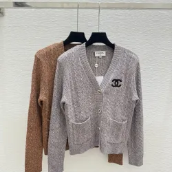 Chanel Women's V-Neck Cardigan with CC Logo Patch and Gold Buttons #B54522