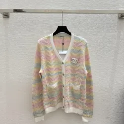 Chanel Women's V-Neck Wool-Blend Cardigan with Ombre Zigzag Pattern and CC Brooch #B54786