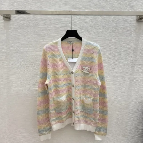 Chanel Women's V-Neck Wool-Blend Cardigan with Ombre Zigzag Pattern and CC Brooch #B54786