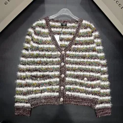 Chanel  Wool Women's V-Neck Fringed Knit Cardigan with Multi-Color Stripes #B54529